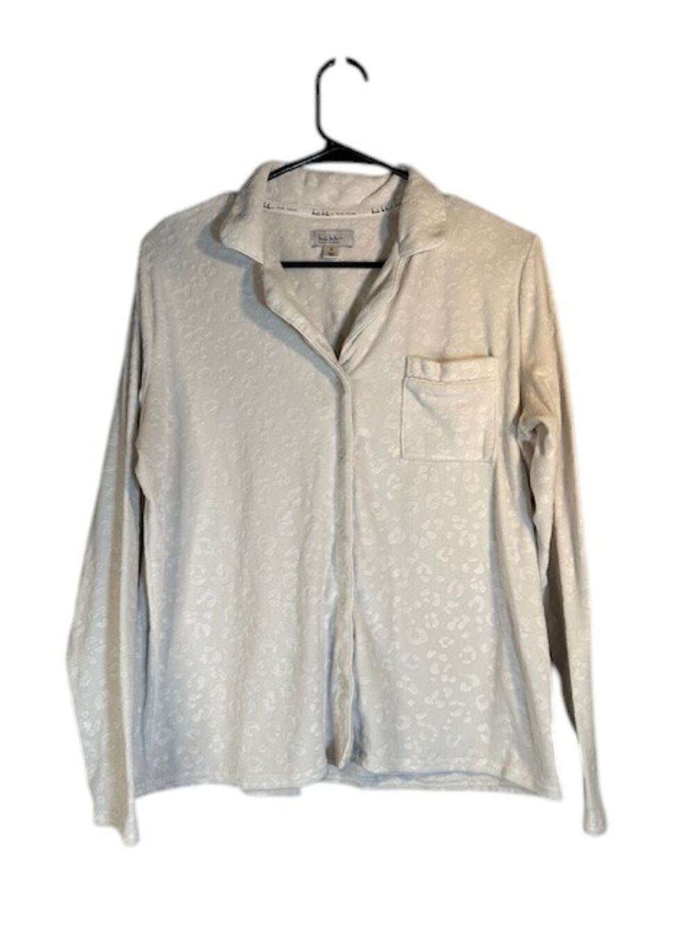 Nicole Miller White Textured Print Long Sleeve Button Front Sleep Shirt Women SM